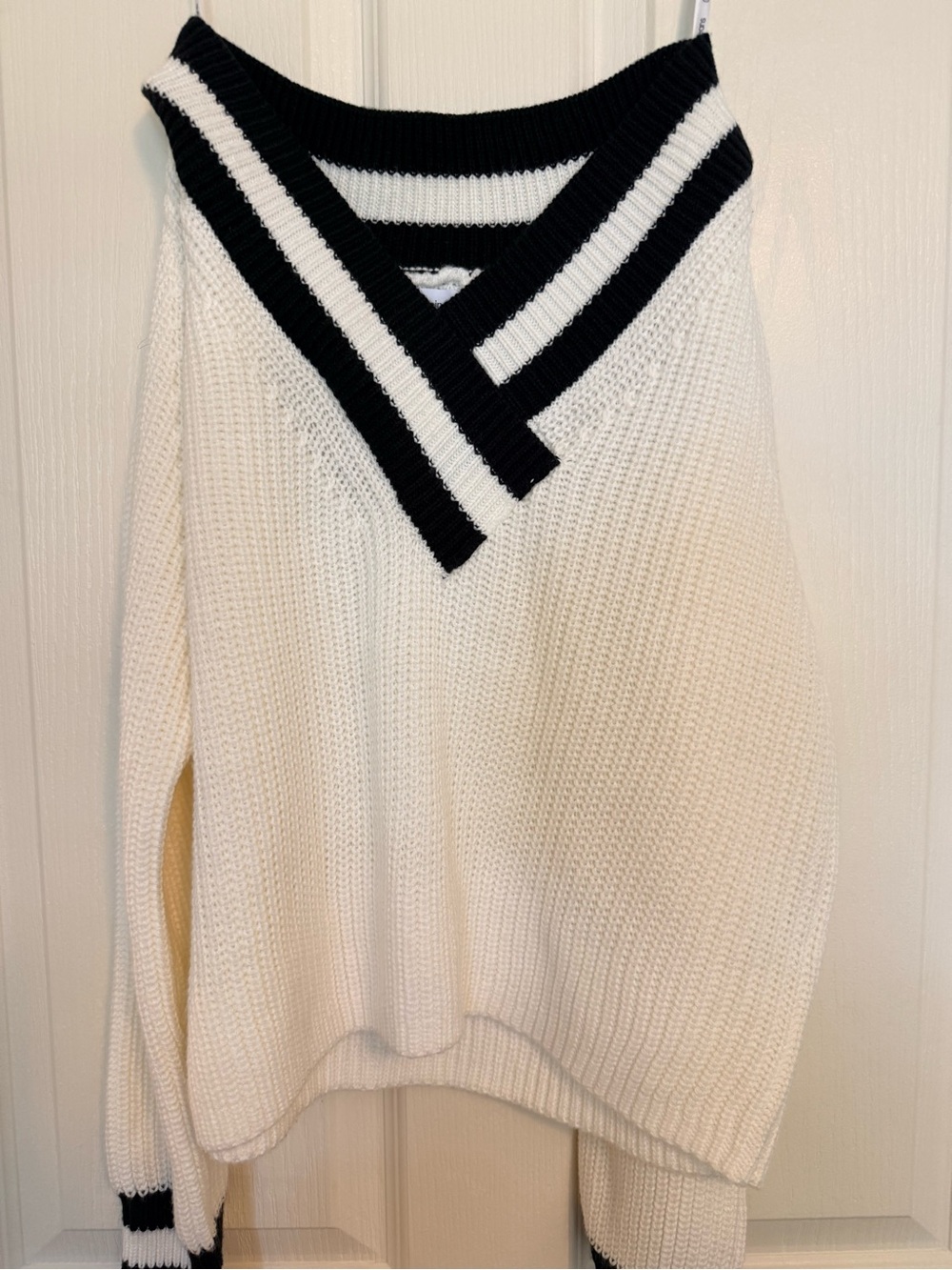 Calvin Klein Jeans Cream V-Neck Sweater with Black Trim